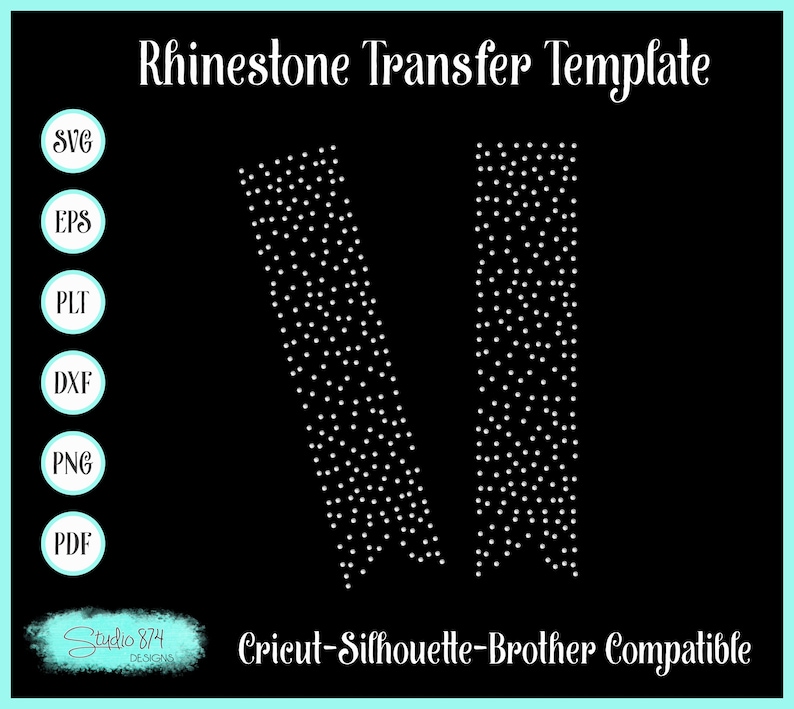 May include: A black and white digital design template for a rhinestone transfer of the letter V. The design is compatible with Cricut, Silhouette, and Brother cutting machines.