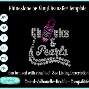 May include: Rhinestone or vinyl transfer template design featuring a pink shoe with the text "Checks & Pearls". The design is made up of white rhinestones and is compatible with Cricut, Silhouette, and Brother machines.