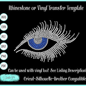 May include: A digital design template of a stylized eye with eyelashes, featuring a blue iris and white pupil. The design is made up of small circles, suitable for use with rhinestones or vinyl.