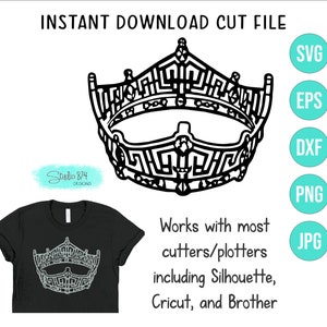 May include: A black and white digital download cut file of a detailed crown. The crown is a popular design for crafting projects and can be used with Silhouette, Cricut, and Brother cutting machines.
