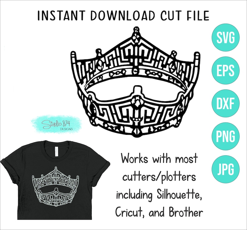 May include: A black and white digital download cut file of a detailed crown. The crown is a popular design for crafting projects and can be used with Silhouette, Cricut, and Brother cutting machines.