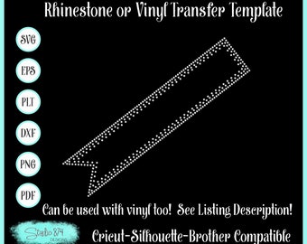 Op de afbeelding: Een zwart-witte digitale ontwerptemplate van een banner met een puntig uiteinde. De template kan worden gebruikt voor strass- of vinyltransferprojecten. De tekst "Rhinestone or Vinyl Transfer Template" staat bovenaan de afbeelding. De tekst "Can be used with vinyl too! See Listing Description!" staat onderaan de afbeelding. De tekst "Cricut-Silhouette-Brother Compatible" staat onderaan de afbeelding. De afbeelding bevat ook pictogrammen voor de bestandsformaten SVG, EPS, PLT, DXF, PNG en PDF.