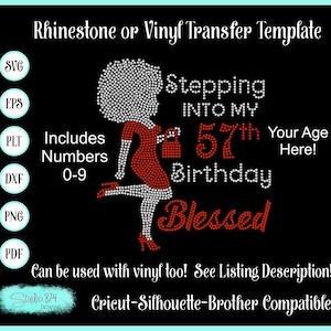 Stepping into my Birthday with Afro Girl - Rhinestone Instant Download SVG, EPS Digital Transfer Template - Blessed