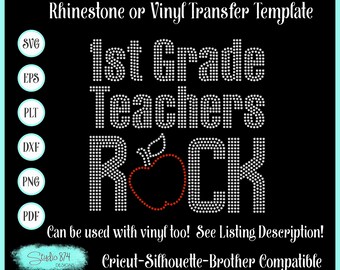Rhinestone Teachers Rock SVG Template - 1st Grade - Sticky Flock Digital Download - Faux Rhinestone Design