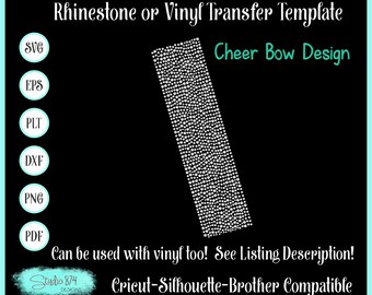 Op de afbeelding: Een digitaal ontwerp sjabloon voor een cheer bow, met een lange, smalle vorm gevuld met kleine cirkels. Het ontwerp is compatibel met Cricut, Silhouette en Brother snijmachines. De afbeelding bevat de tekst "Rhinestone or Vinyl Transfer Template" en "Cheer Bow Design".