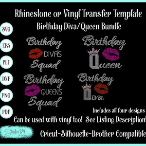 Birthday Diva-Queen Rhinestone Template Bundle - SVG Cut File Sticky Flock - Lips and Crown