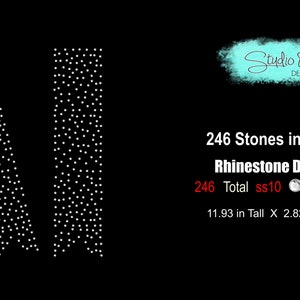 May include: A rhinestone design featuring two vertical lines of white stones. The design is 11.93 inches tall and 2.82 inches wide. It uses 246 total ss10 crystal rhinestones.
