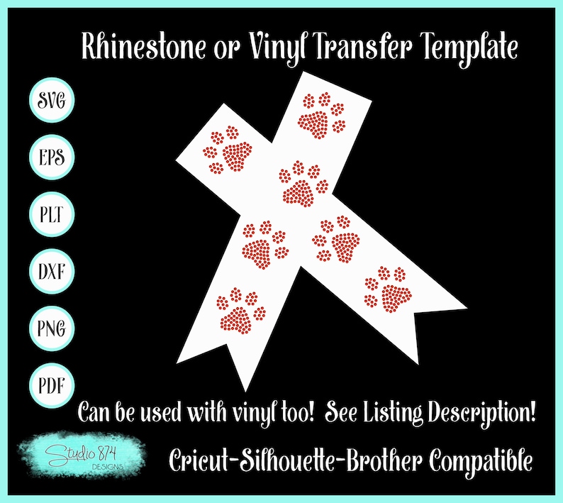 Puede incluir: Plantilla de transferencia de vinilo o strass blanca con huellas de patas rojas. La plantilla es compatible con las m&aacute;quinas de corte Cricut, Silhouette y Brother. Se incluyen archivos SVG, EPS, PLT, DXF, PNG y PDF.