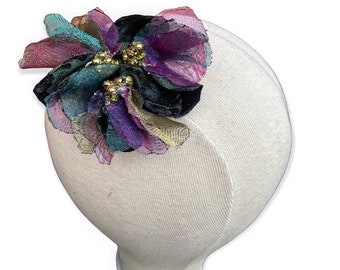 Majestic Flower Headpiece, purple and green headpiece, purple brooch, purple and green corsage, velvet flower corsage, velvet headpiece