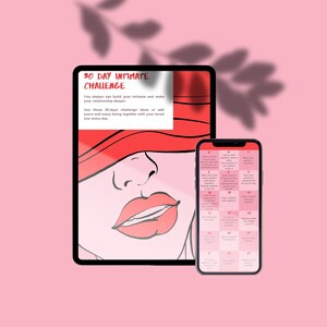 Op de afbeelding: Een digitale tablet en smartphone tonen een 30-daagse intieme uitdaging. De tablet toont een rode en zwarte illustratie van een vrouwen gezicht met een rode blinddoek. De smartphone toont een kalender met 30 dagelijkse uitdagingen.