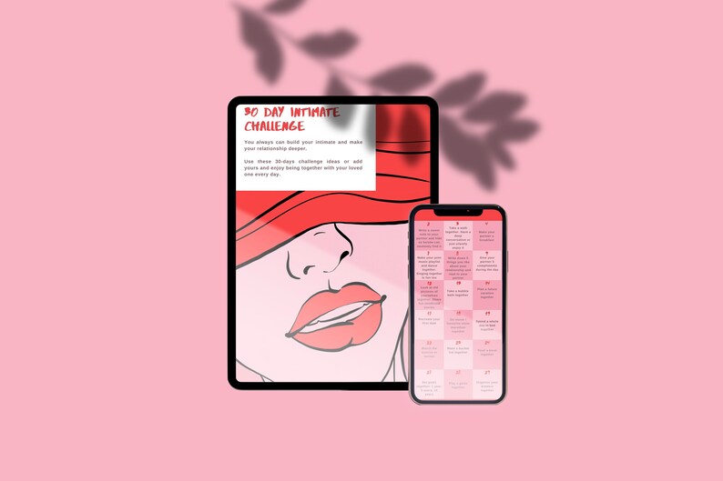 Op de afbeelding: Een digitale tablet en smartphone tonen een 30-daagse intieme uitdaging. De tablet toont een rode en zwarte illustratie van een vrouwen gezicht met een rode blinddoek. De smartphone toont een kalender met 30 dagelijkse uitdagingen.