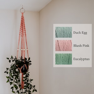 May include: A coral-coloured macrame plant hanger suspended from a ceiling hook, holding a potted plant with green foliage. A colour chart shows yarn samples in Duck Egg, Blush Pink, and Eucalyptus shades.