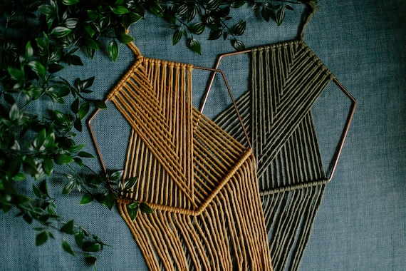 Geometric Macrame Wall Hanging Hexagon Copper Ring Minimalist Hoop