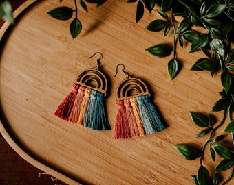 Rainbow Wooden Macrame Earrings | Semi Circle Boho | Recycled Cotton | Bohemian Art Deco Statement | Hypoallergenic Ear Wires | Retro Colour