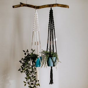 May include: Two macrame plant hangers, one white and one black, hang from a wooden branch. Each hanger holds a blue pot with a green plant.