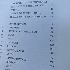 May include: A book titled "CONTENTS" with a table of contents listing chapters and page numbers. The chapters include "Introduction", "The Ideal", "The Real and the Unreal", "Form", "Life", "Harmony", "Illusion", "Consciousness", "Death", "Transformations", "Creation", "Light", and "Index".