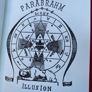 May include: A black and white illustration of a sleeping figure with a circle above them. The circle contains a star, a triangle, and the words "PARABRAHM LIGHT" and "ILLUSION".