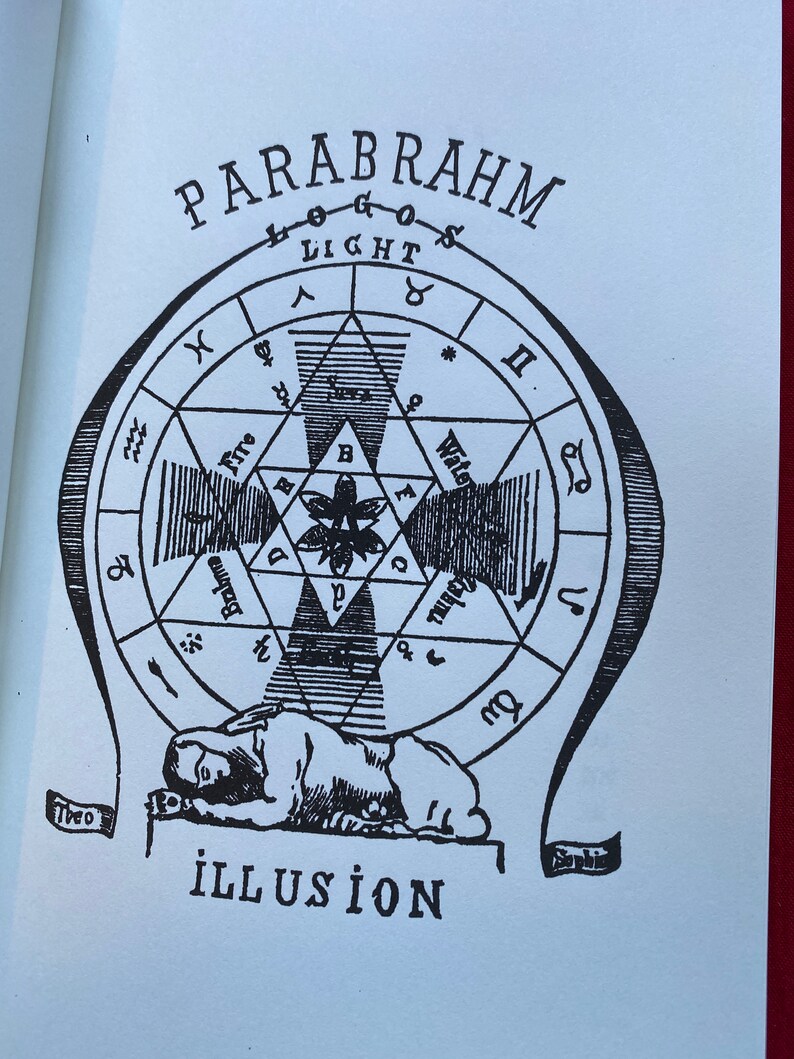 May include: A black and white illustration of a sleeping figure with a circle above them. The circle contains a star, a triangle, and the words "PARABRAHM LIGHT" and "ILLUSION".