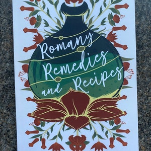 May include: A book cover with a green bottle with a gold lid and the text "Romany Remedies and Recipes" in white. The bottle is surrounded by red and white flowers. The text "Gypsy Petulengro" is at the bottom of the cover.