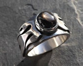 black star sapphire ring, unique men's ring, unique wedding band, big silver ring, silver statement ring flames, cool mens ring sapphire