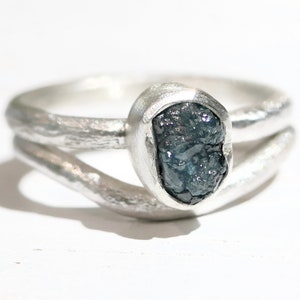 Raw Blue Diamond Engagement Ring: Sterling Silver Twig Band