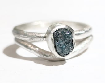 Raw Blue Diamond Engagement Ring: Sterling Silver Twig Band