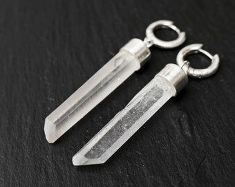 long quartz crystal earrings silver huggie earrings, natural crystal dangle earrings, viking crystal earrings, unique gift for women