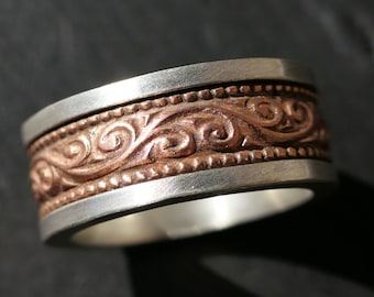 patterned copper inlay ring silver, mens wedding band, viking wedding ring, mens engagement ring mixed metal copper anniversary gift for him