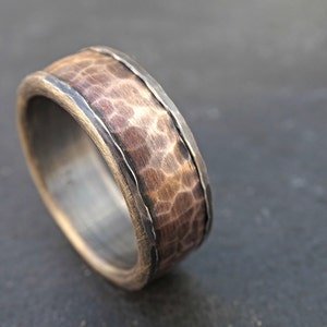 Forged Bronze Silver Ring: Rustic Viking Mens Wedding Band