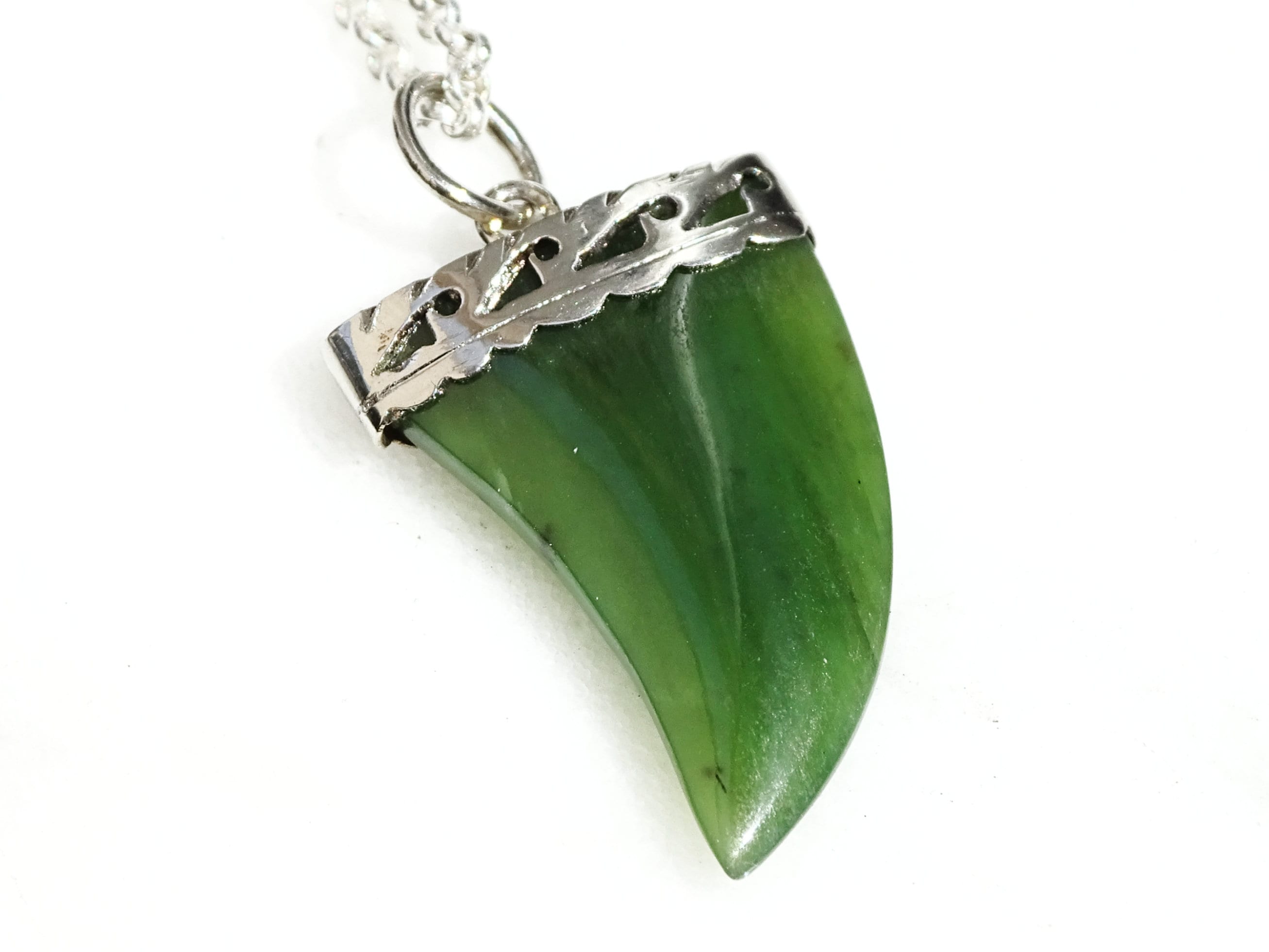 Green Jade Fang Pendant Silver Jade Pendant Unique Jade 