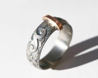 Mixed Metal Scottish Wedding Ring, Dark Sterling Silver Copper Band