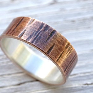 wood grain ring mixed metal wedding ring, mens wedding band bronze, tree bark ring bronze silver mens ring, rustic silver bronze ring men