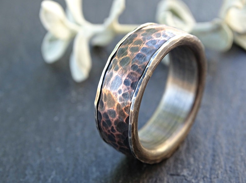 silver copper ring mens wedding band hammered