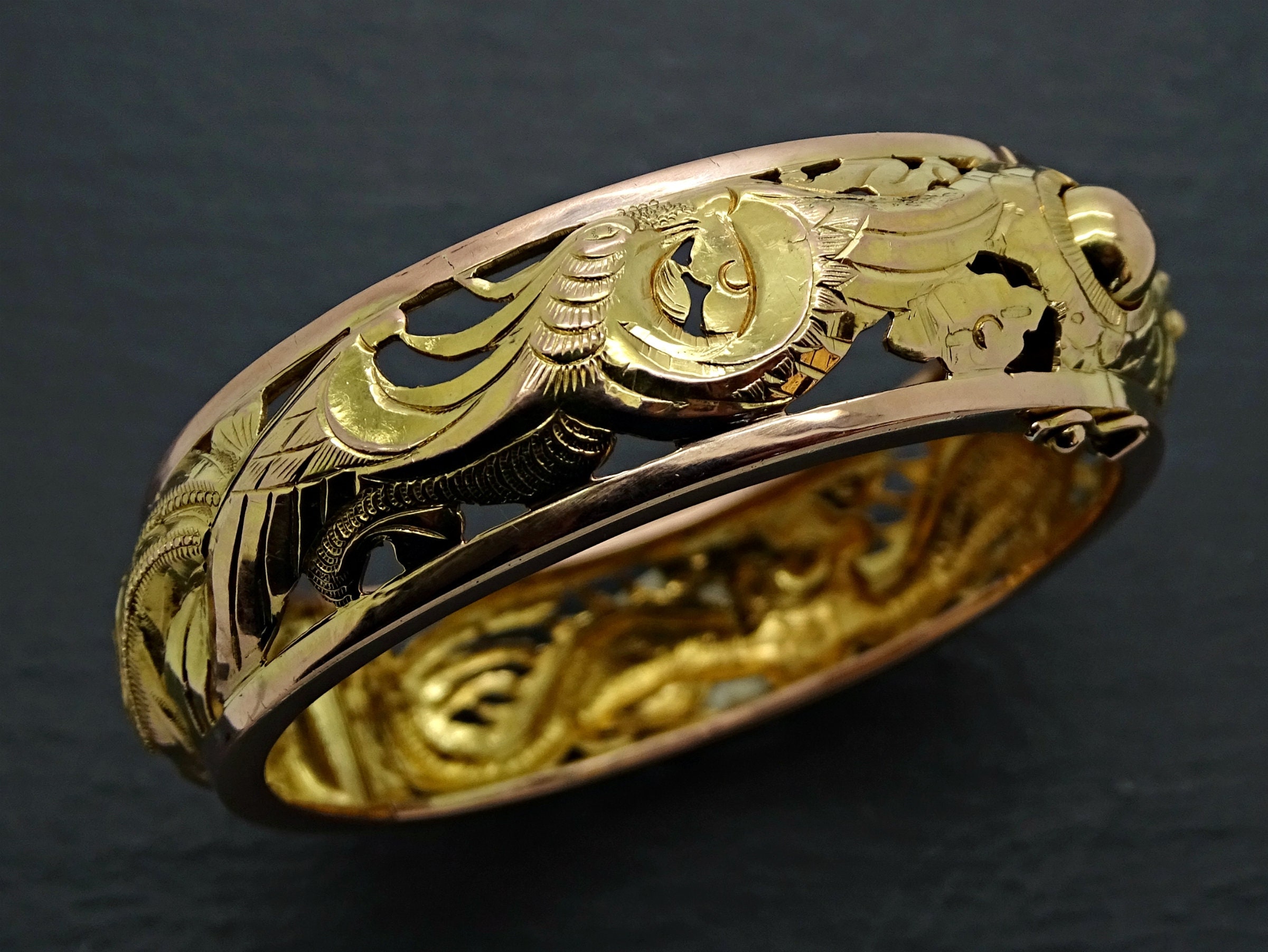 Fine Gold Bangle Dragon Phoenix Bracelet 14k Gold Traditional 