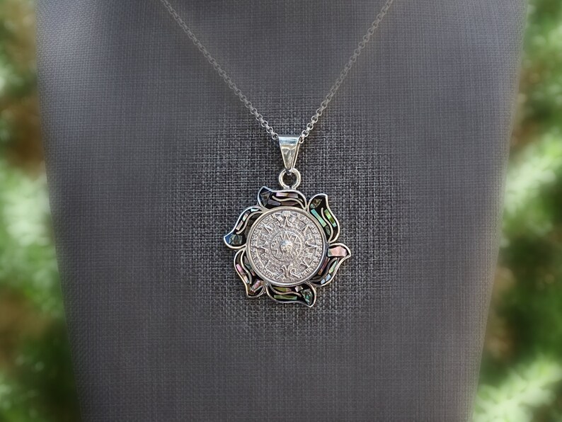 Aztec Shell Jewelry Sterling Silver Aztec Calendar Pendant: Vintage Paua Shell Inlay - Etsy
