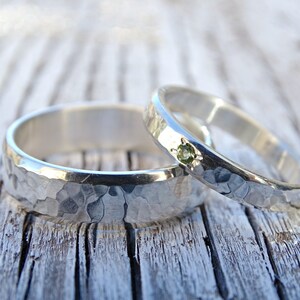 silver wedding band set, rustic silver ring set gemstone, matching promise rings his and hers, rustic wedding rings, hammered wedding rings image 7