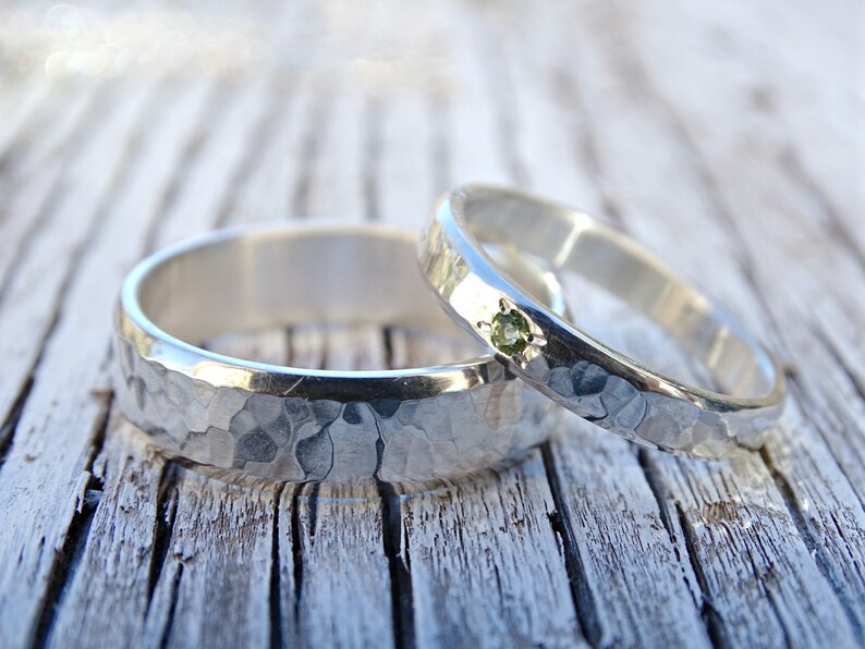 silver wedding band set, rustic silver ring set gemstone, matching promise rings his and hers, rustic wedding rings, hammered wedding rings image 7