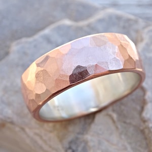 wide mens wedding band copper and silver, minimalist unisex wedding ring, hammered forged mens ring, copper anniversary gift for men