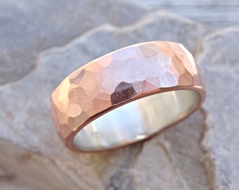wide mens wedding band copper and silver, minimalist unisex wedding ring, hammered forged mens ring, copper anniversary gift for men