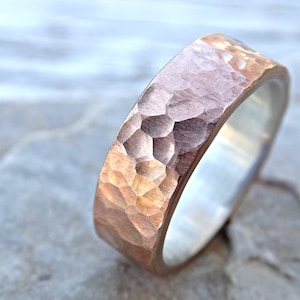 Hammered Bronze Wedding Band: Sterling Silver Lined, Personalized Mens Ring