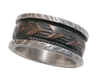 dark silver copper wedding ring, chevron wedding band for men, viking engagement ring, copper inlay band, anniversary gift for him