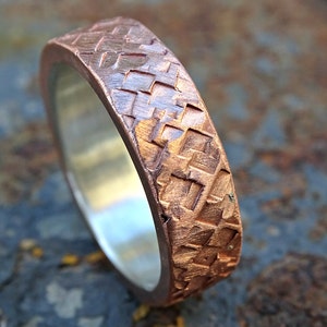 mixed metal wedding ring, bold copper ring promise ring mens wedding band copper silver, square hammered ring, anniversary gift for men