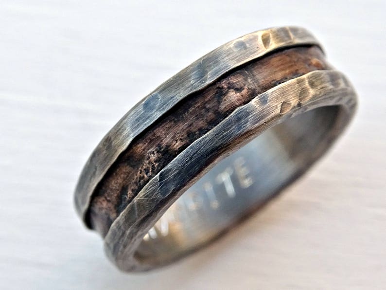 cool mens ring bronze, unique wedding band bronze silver, mens wedding band, mens engagement ring wood grain ring mens ring anniversary gift image 3
