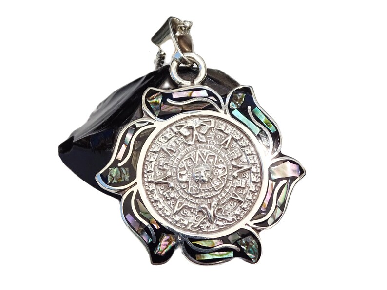 Aztec Shell Jewelry Sterling Silver Aztec Calendar Pendant: Vintage Paua Shell Inlay - Etsy