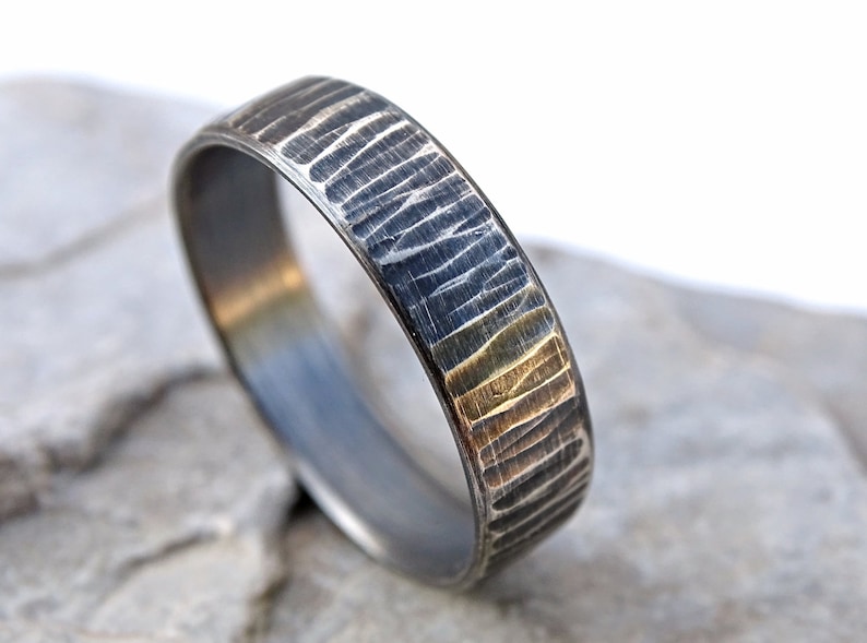 Rustic mens promise ring silver wedding band wood