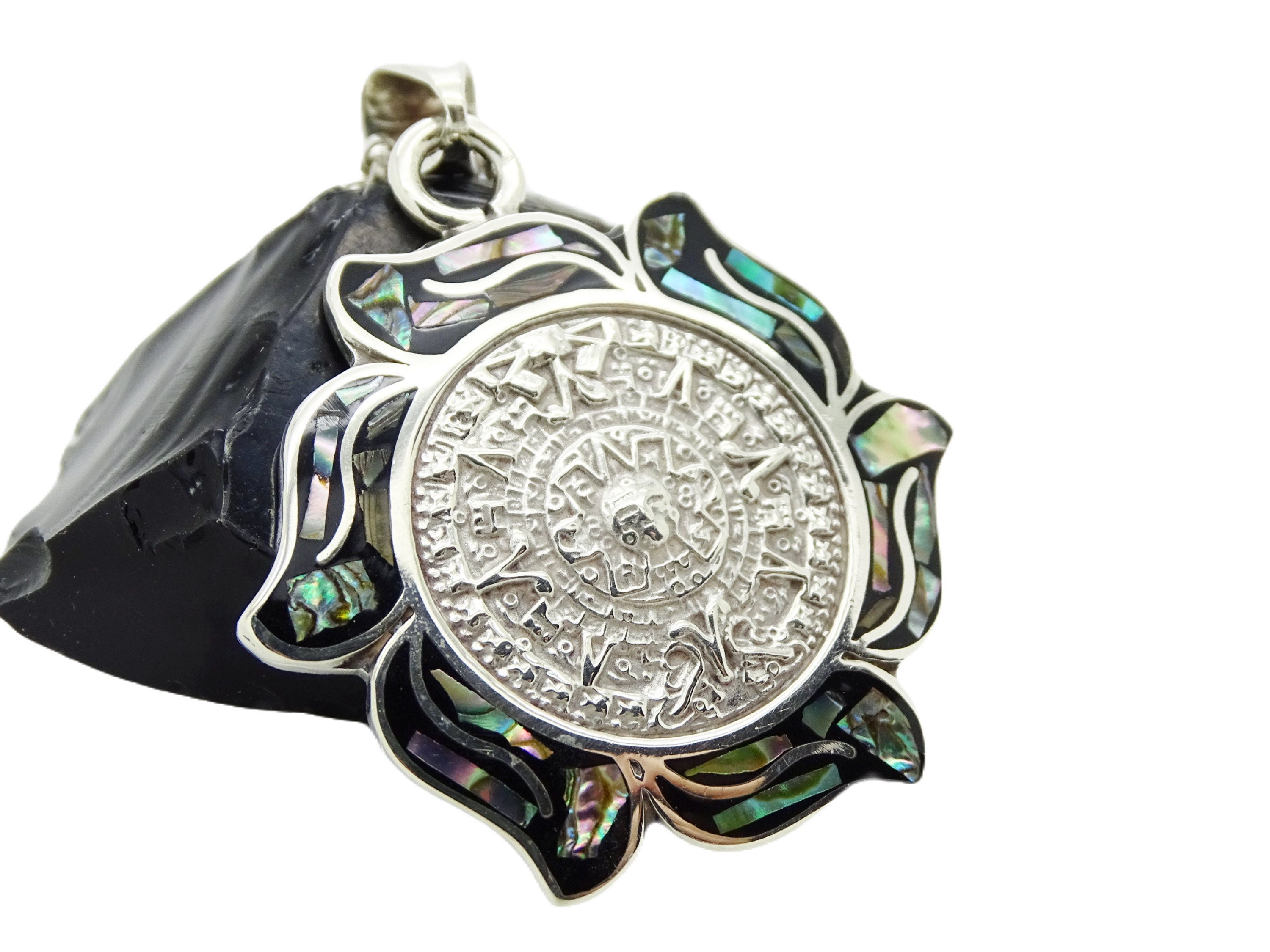 Aztec Shell Jewelry Sterling Silver Aztec Calendar Pendant: Vintage Paua Shell Inlay - Etsy