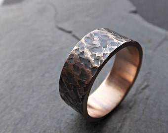 rustic bronze ring, rustic mens ring bronze, square hammered pattern, structured ring bronze wedding anniversary gift mens personalized ring