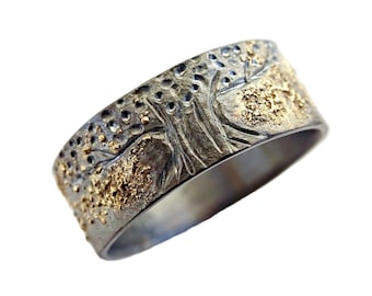 unique viking ring, celtic wedding band, tree of life ring black silver 14k gold, mens wedding ring molten gold and silver, Yggdrasil ring