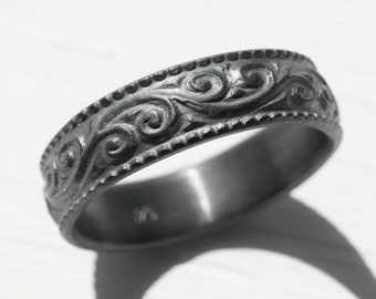 black silver swirl pattern ring, silver eternity ring, paisley pattern ring, romantic engagement ring, black wedding band women, unique gift