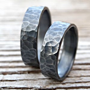 black silver wedding bands, matching rings for him and her, his and hers promise rings, hammered rings silver, matching wedding rings silver image 1